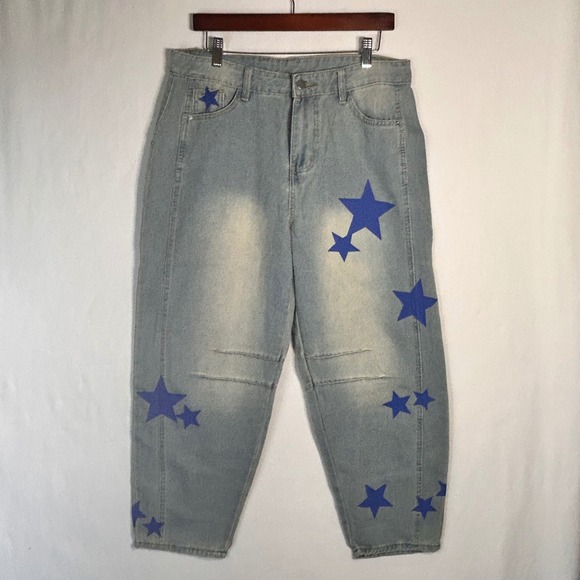 Unbranded Denim - Star Print Barrel Jeans Wide leg High Waisted Denim Baggy Womans Y2K Size L